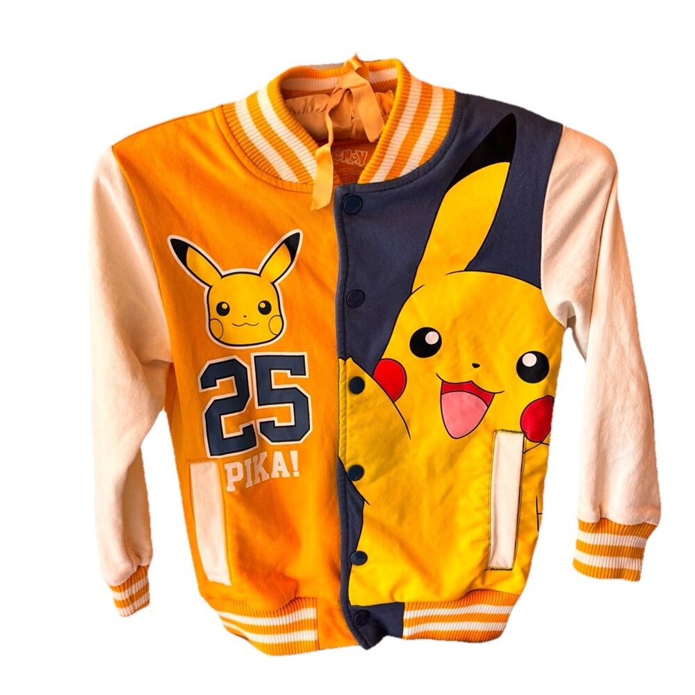 Kids Pokemon Pikachu Varsity Fleece Snap Up Jacket Yellow Blue White Size XS
